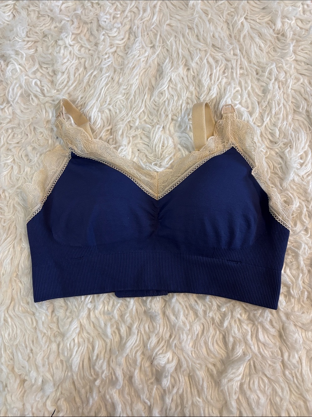 Seamless Lace-Trim Bralette — Navy & Cream